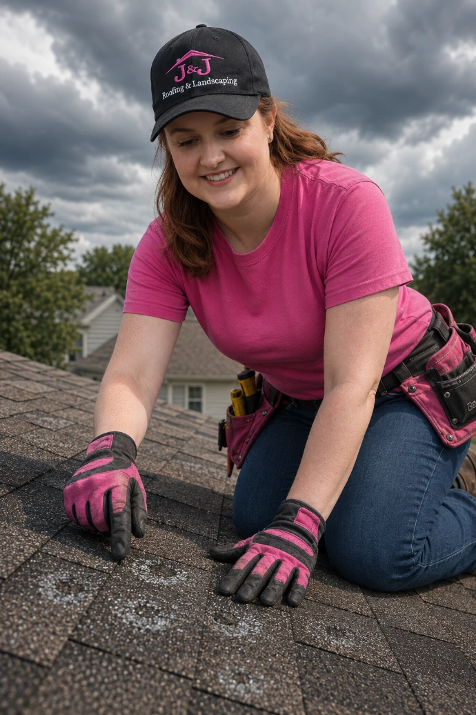 Contractor inspecting hail damaged architectural shingles
